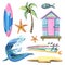 Pink and blue beach house with surfboards, coconut palm, starfish, sandy island and sea wave. Watercolor illustration. A