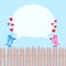 Pink and Blue Birds On Fence with Hearts and Speech Bubble ober