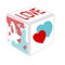 Pink and blue dice for valentines day with heart and inscription Love on a white background