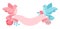 Pink and blue dove holding ribbon with flowers.