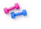 Pink and blue dumbbells on white