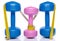 Pink and blue dumbells with a tape measure