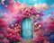 Pink and blue fantasy door background with colorful flowers.