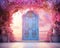 Pink and blue fantasy door background with colorful flowers.