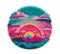a pink, blue green, and red sunset sticker design. AI-generated.