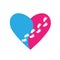 Pink and blue heart with footprints on a white background for advertising and greeting cards about love for children, motherhood,