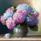 Pink and blue hydrangeas, flowers bouquet in a vase, still life, printable oil painting