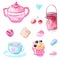 Pink and blue illustrations of tea pot, cup, cupcake pastry and jar with jam. Set of hand drawn watercolor vector elements.