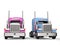 Pink and blue modern big semi - trailer trucks - side by side
