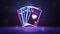 Pink and blue neon playing cards in dark empty scene. Neon casino elements