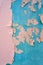 Pink and blue paint wall with old paint pilling off. Abstract art background.