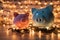 Pink and blue piggy bank with glittering lights, organize parties for successful activities to save money for retirement