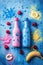 Pink and blue smoothie bottles with fruits and colorful splashes on a blue background.