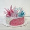 Pink blue sugar sheet cake with caramel and rice paper decoration