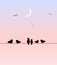 Pink blue sunset with birds on wire illustration