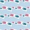 Pink and blue tones 3D glasses silouettes seamless pattern. Lighr soft blue background. Simple cinema backdrop