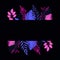 Pink and blue tropical leaves decorated black background.