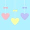 Pink blue yellow paper hearts hanging on dash line, bow. Happy Valentines day sign symbol. Cute graphic shape. Flat design. Love g