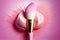 Pink blusher brush with foundation blob fashion background. Cosmetics advertising backdrop