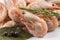 Pink boiled shrimp prawn entirely with spices, close-up. Small langoustines seafood diet