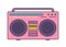 Pink boombox, portable music player with integrated loudspeakers, carrying handle and cassette recorder isolated on