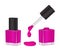 Pink bottle for nails in a transparent, open and closed state. A drop of ink dripping from the brush.