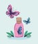 pink bottle with one butterfly in it and two more butterflys