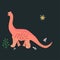Pink Brachiosaurus cute illustration on black background