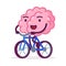 Pink Brain Riding Bicycle, Funny Human Nervous System Organ Cartoon Character Vector Illustration Isolated on White