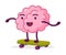Pink Brain Riding Skateboard, Funny Human Nervous System Organ Cartoon Character Vector Illustration on White Background