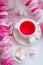Pink breakfast of kawaii japanese girl - scented herbal tea in white cup, candy pink decor, marsmallow sweets, pretty morning tea