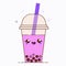 Pink bubble milk tea ads with delicious tapioca black pearls. Cute bubble tea kawaii smiled character. Taiwanese famous
