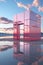 A pink building with a reflection in the water. Generative AI image.