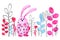 Pink bunny, rabbit. Border. Drawing in watercolor and graphic style for the design of prints, backgrounds, cards, wedding