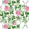 Pink bush roses floral botanical flowers. Watercolor background illustration set. Seamless background pattern.