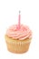 Pink buttercream iced cupcake with a single birthday candle