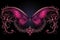 a pink butterfly with ornate wings on a black background