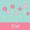 Pink button flowers. Dash line stem with bow Love card. Flat design