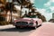 A pink caddilac on a road with palm trees at florida beach created with generative AI technology
