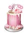 Pink cake with peony flowers on top Vector realistic. White chocolate frosting. Birthday, anniversary, wedding royal desserts