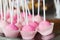 Pink cakepops on platter, closeup