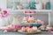 Pink cakes on plate on white background