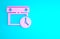 Pink Calendar and clock icon isolated on blue background. Schedule, appointment, organizer, timesheet, time management