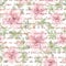 Pink camelia flowers and vintage ink text letter. Watercolor. Repeating retro floral pattern