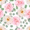 Pink camellia, dahlias and eucalyptus leaves seamless vector pat