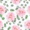 Pink camellia and eucaliptus leaves seamless vector pattern