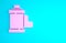 Pink Camera vintage film roll cartridge icon isolated on blue background. 35mm film canister. Filmstrip photographer