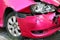 Pink car accident damaged to headlights front, broken headlights car crash accident, damaged automobiles after collision of pink