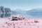 a pink car is parked on the shore of a lake