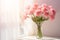 Pink Carnations Bouquet on White Wall Background with Sunlight Shadows for Home Decor